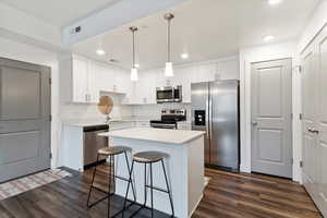 Kitchen featuring stainless steel appliances, dark wood-style floors, light countertops, white cabinets, and recessed lighting
