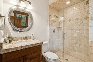 Full bath with vanity and a shower stall