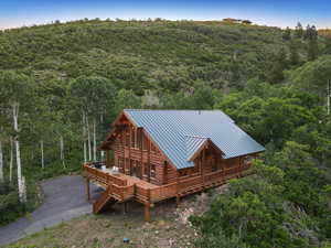 Back of house featuring a standing seam roof, a forest view, log exterior, a metal roof, and driveway