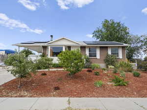 View of front of home featuring brick siding, roof mounted solar panels, and concrete driveway