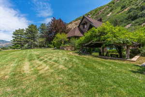View of green lawn featuring a mountain view