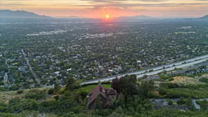 Aerial overview of property's location with mountains