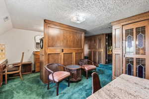 Sitting room with carpet, a textured ceiling, and vaulted ceiling