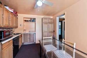Kitchen featuring dishwasher, a textured wall, a textured ceiling, a ceiling fan, and light countertops