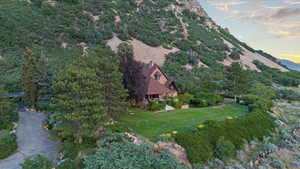Aerial view at dusk of a mountain view