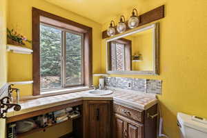 Bathroom featuring vanity and backsplash