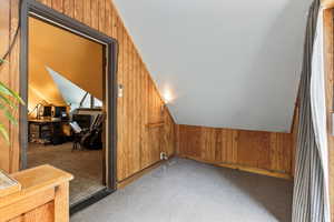 Bonus room with carpet floors, wooden walls, and lofted ceiling