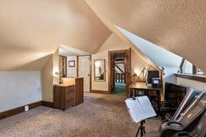 Office area with carpet flooring, lofted ceiling, and a textured ceiling