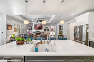 Kitchen with appliances with stainless steel finishes, a raised ceiling, open floor plan, a fireplace, and a ceiling fan