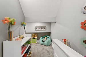 Recreation room featuring vaulted ceiling, a textured ceiling, and carpet floors