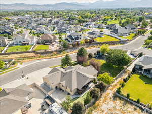 Aerial perspective of suburban area with mountains
