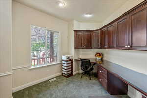 Office with dark carpet and built in study area