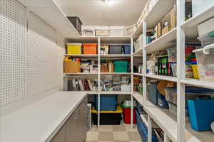 Storage room with built in shelves, base cabinets and a large peg board.