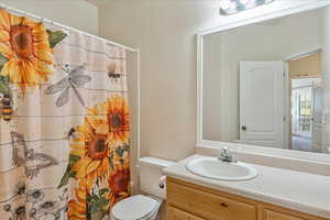 Full bath featuring a shower with shower curtain and vanity