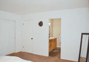 Bedroom with carpet flooring and ensuite bathroom