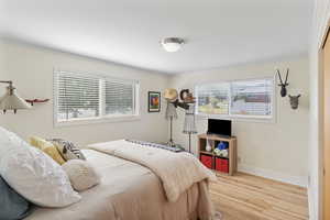 Bedroom with multiple windows, crown molding, and wood finished floors