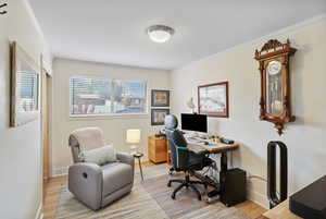 Office space with ornamental molding and wood finished floors