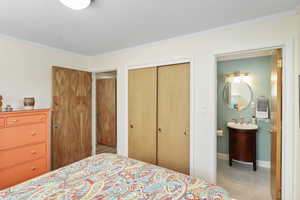 Bedroom with ornamental molding, a closet, and ensuite bathroom