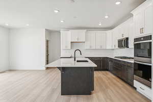 Kitchen featuring stainless steel appliances, white cabinetry, light wood-type flooring, a kitchen island with sink, and recessed lighting