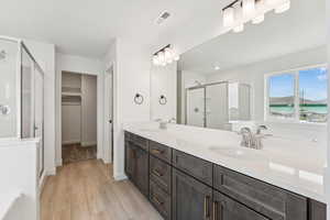 Full bathroom with a shower stall, wood finished floors, double vanity, and a spacious closet
