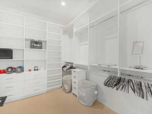 Spacious closet with light colored carpet