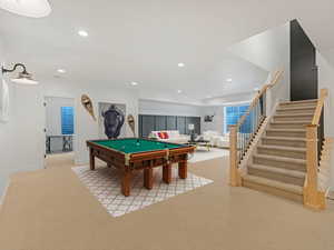 Recreation room featuring billiards table, recessed lighting, and carpet floors
