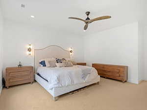 Bedroom with carpet flooring, recessed lighting, and a ceiling fan