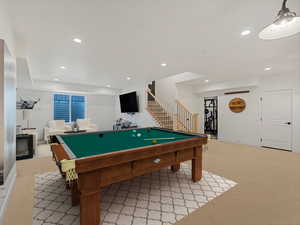Game room featuring billiards, light carpet, and recessed lighting