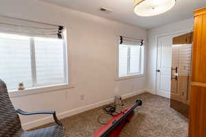 Workout room featuring light colored carpet and baseboards