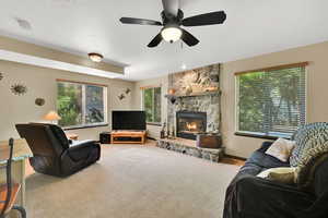 Family room beautiful rock fireplace
