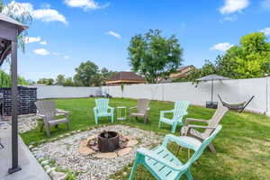 Fenced backyard with an outdoor fire pit