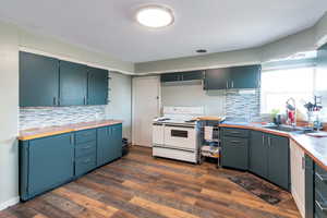 Kitchen featuring white electric range oven, decorative backsplash, and dark wood-style floors