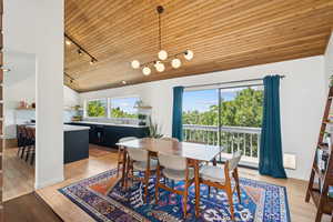 Dining room featuring rail lighting, stylish vaulted ceilings and stunning wood floors