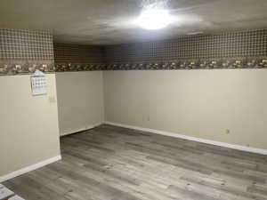 Finished basement with wood finished floors and a textured ceiling
