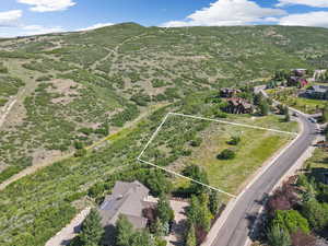 Aerial view of property's location with property parcel outlined and a mountain backdrop
