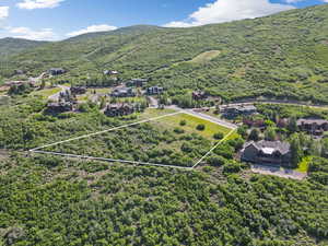 Aerial perspective of suburban area with property boundaries highlighted and a mountainous background