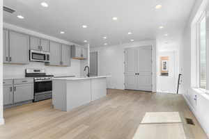 Kitchen with appliances with stainless steel finishes, gray cabinetry, plenty of natural light, and recessed lighting