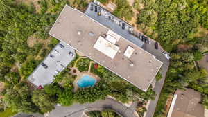 Drone / aerial view of a pool