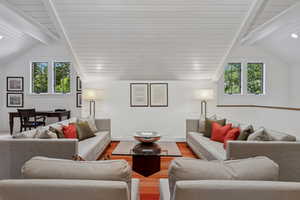 Living area with healthy amount of natural light, wood finished floors, and wooden ceiling