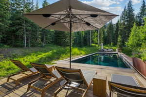 Swimming pool featuring a wooden deck and a wooded view