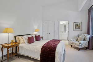 Carpeted bedroom featuring high vaulted ceiling, a closet, and connected bathroom