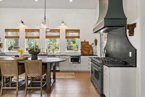 Kitchen with custom exhaust hood, stainless steel appliances, dark countertops, healthy amount of natural light, and recessed lighting