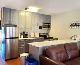 Kitchen featuring appliances with stainless steel finishes, gray cabinets, tasteful backsplash, and wood finished floors