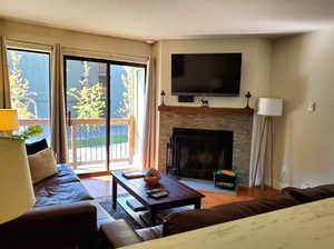 Living area featuring wood finished floors and a fireplace