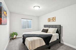 Bedroom featuring carpet flooring and a textured ceiling