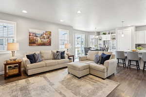 Living area featuring recessed lighting and dark wood-style floors