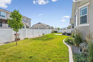 Fenced backyard featuring a residential view