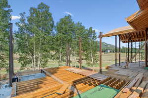 Wooden terrace featuring a mountain view