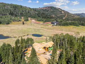 View from above of property featuring a mountainous background and a heavily wooded area