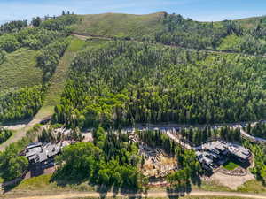 Aerial view of property and surrounding area with a heavily wooded area